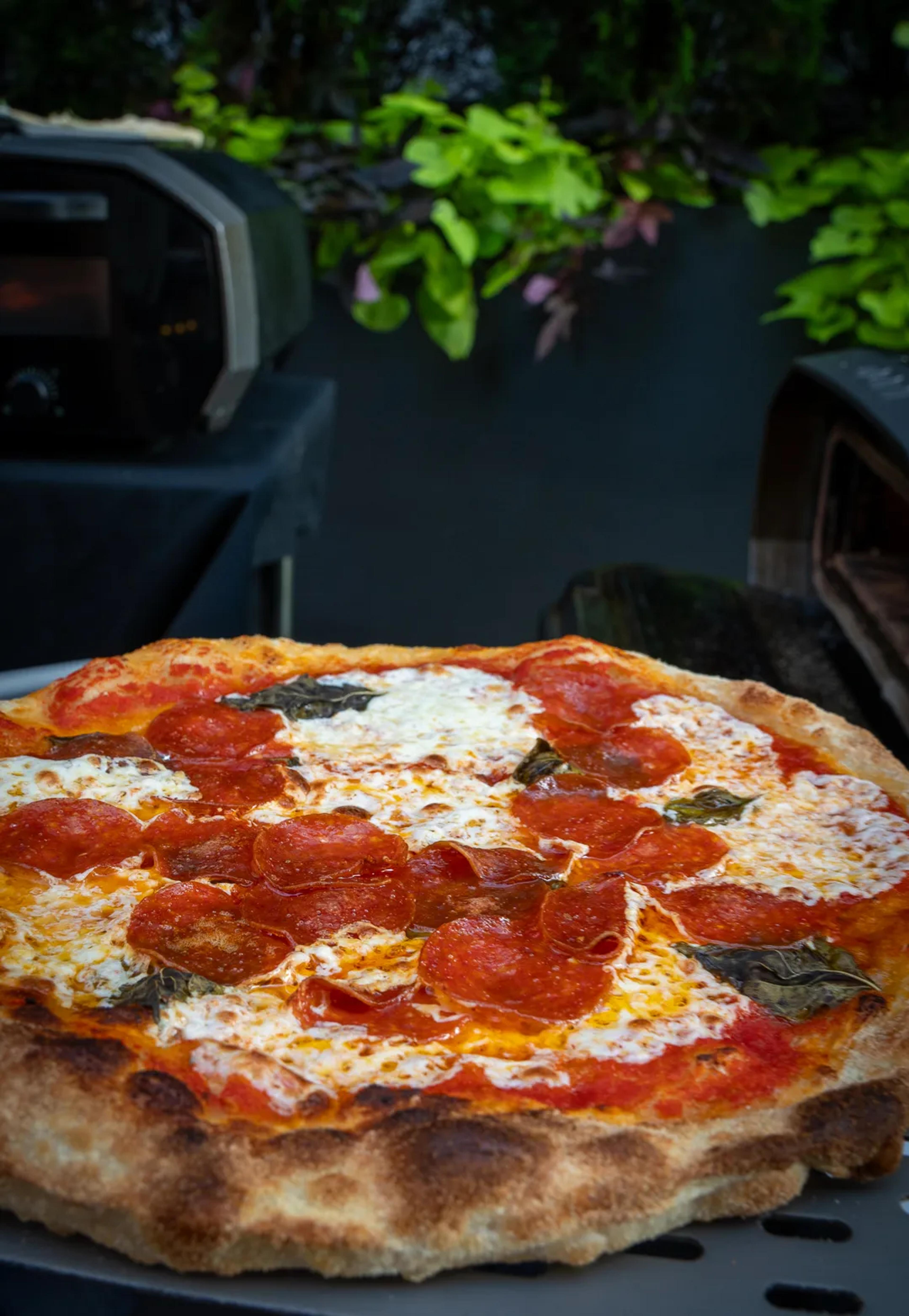 A pepperoni pie with basil on the service table, an oven behind it