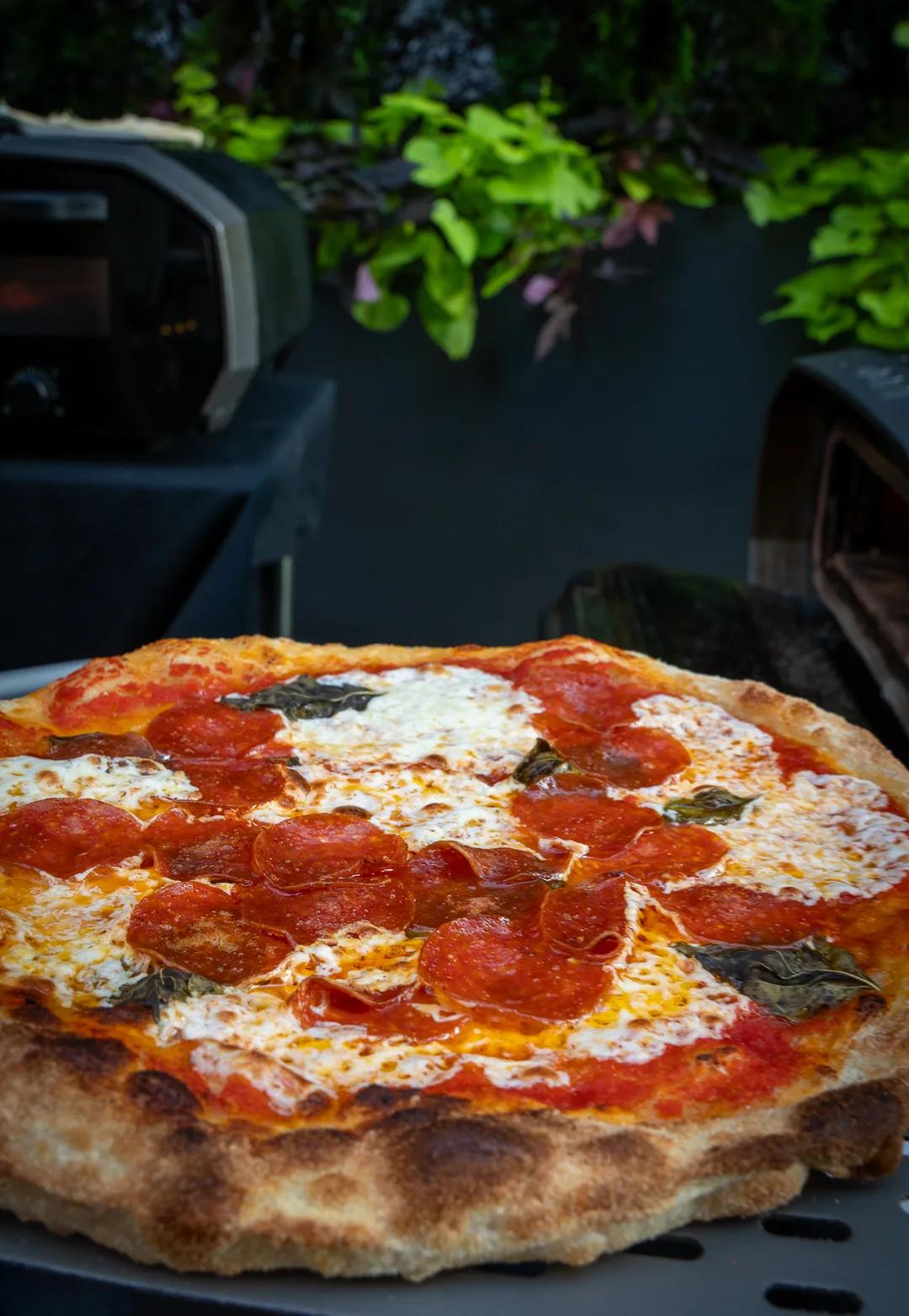 A pepperoni pie with basil on the service table, an oven behind it