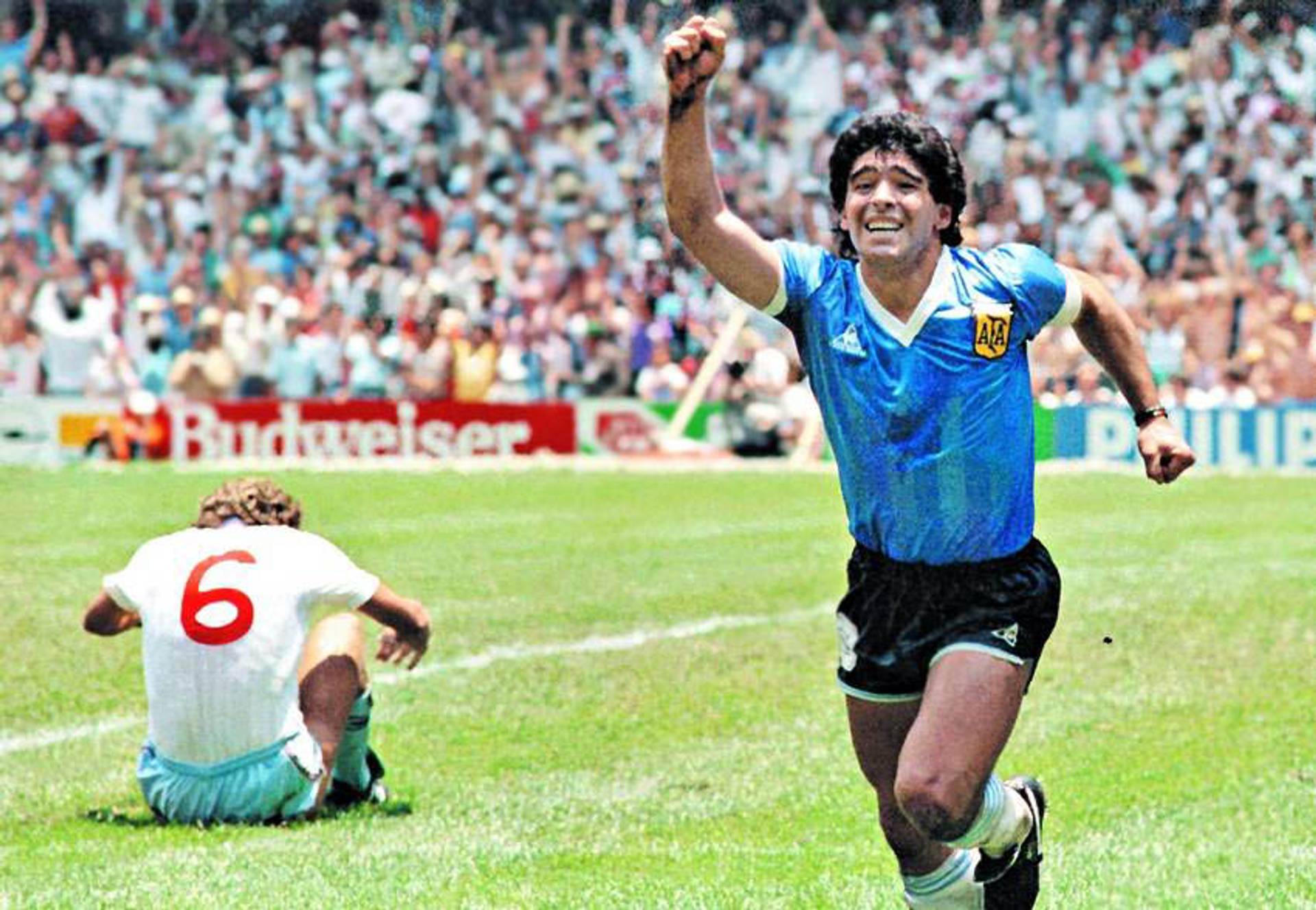 Diego Maradona celebrating against England at the 1986 World Cup