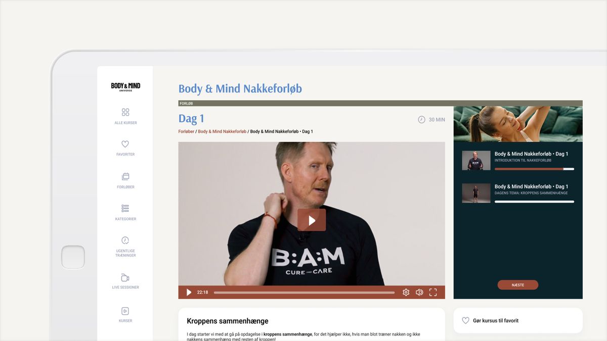 A white tablet displays a "Body & Mind Neck Course" online video platform, showing a man demonstrating a neck exercise and a playlist of other videos.