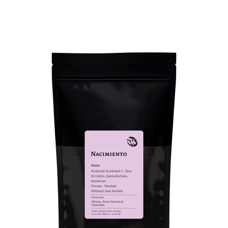 Black coffee bag with a pink label for NACIMIENTO Pacas coffee from Honduras, detailing a washed process, February 2025 harvest, and flavor notes of winey, forest berries, and chocolate.