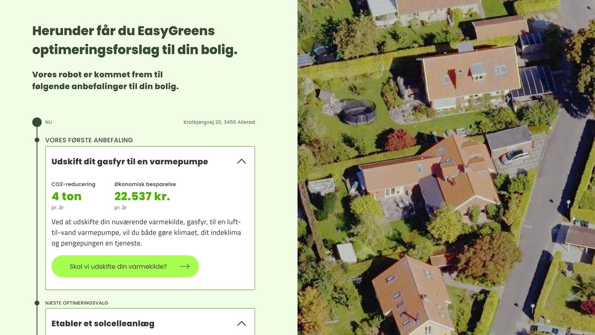 EasyGreen home energy optimization interface with savings data, alongside an aerial photo of houses.