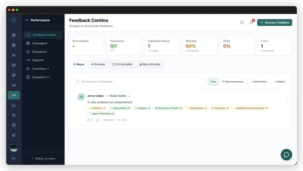 L'écran « Feedback continu » de Targetym AI : score moyen, évaluations, feedbacks reçus, attitudes, OKR et entretiens individuels, puis un feedback reçu et les attitudes qu'il note.