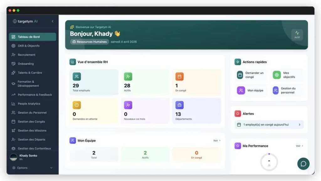 Le tableau de bord de Targetym AI : vue d'ensemble RH (effectif, congés, demandes en attente), équipe, actions rapides et alertes, avec le menu des modules à gauche.