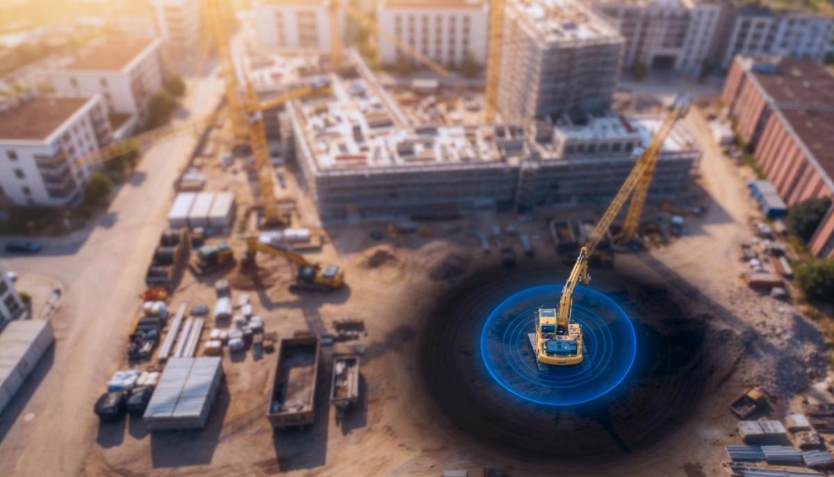 GPS-Ortung von Baumaschinen: Bagger auf der Baustelle mit aktivem Standortsignal