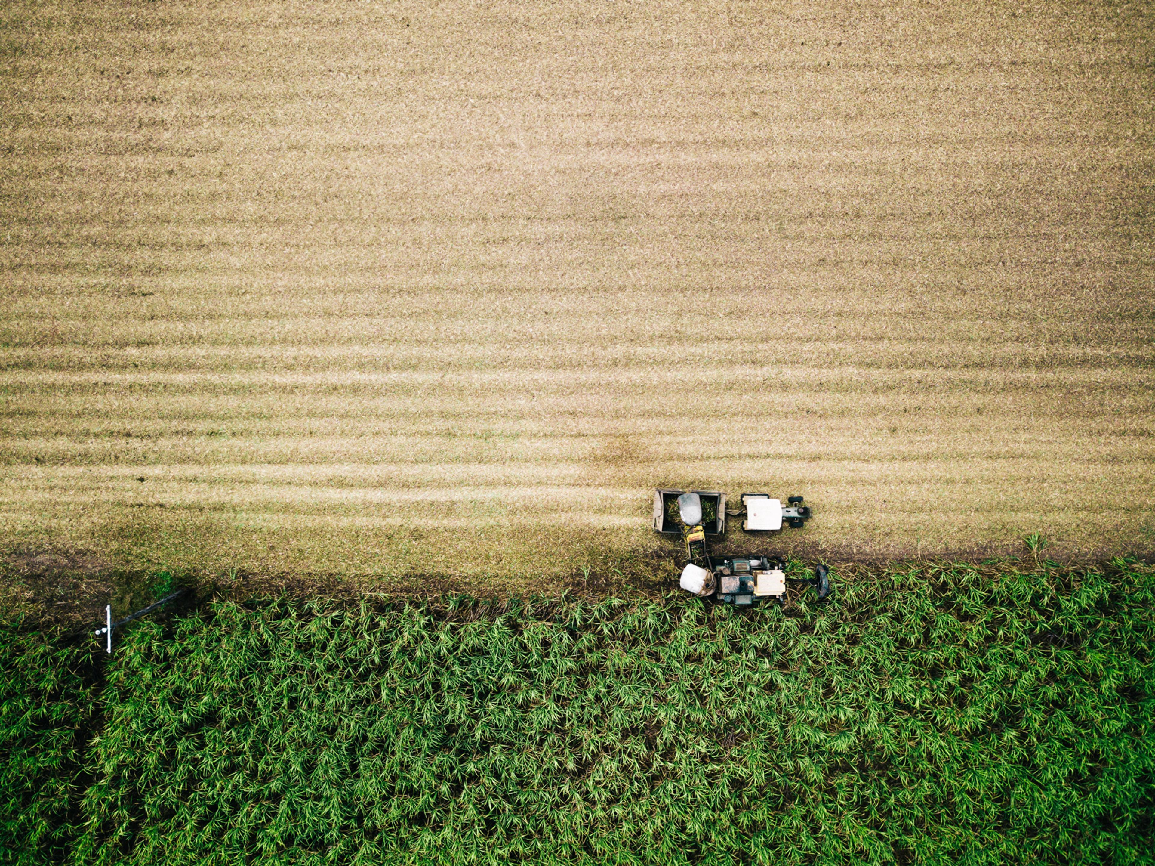 A birds eye view of a field being ploughed by two vehicles. Two thirds of the field has been ploughed and is a beige colour and one third is lush and green.