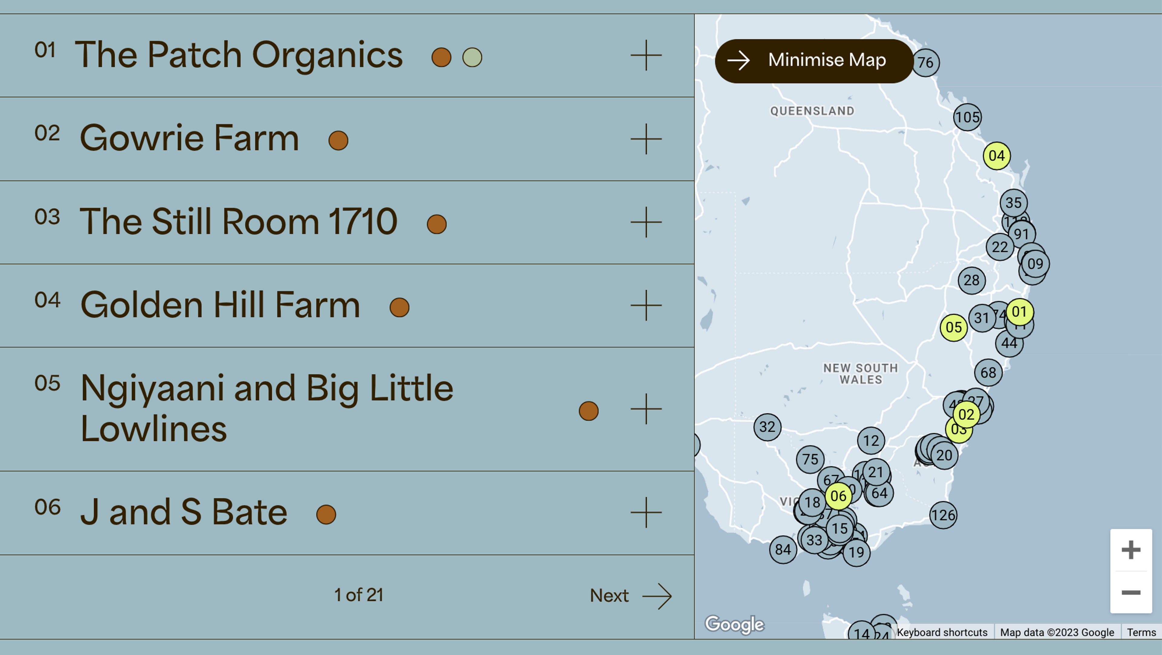 A list of 6 regenerative food and farming organisations and businesses on the left and then a map of Australia with lots of different markers all over it.