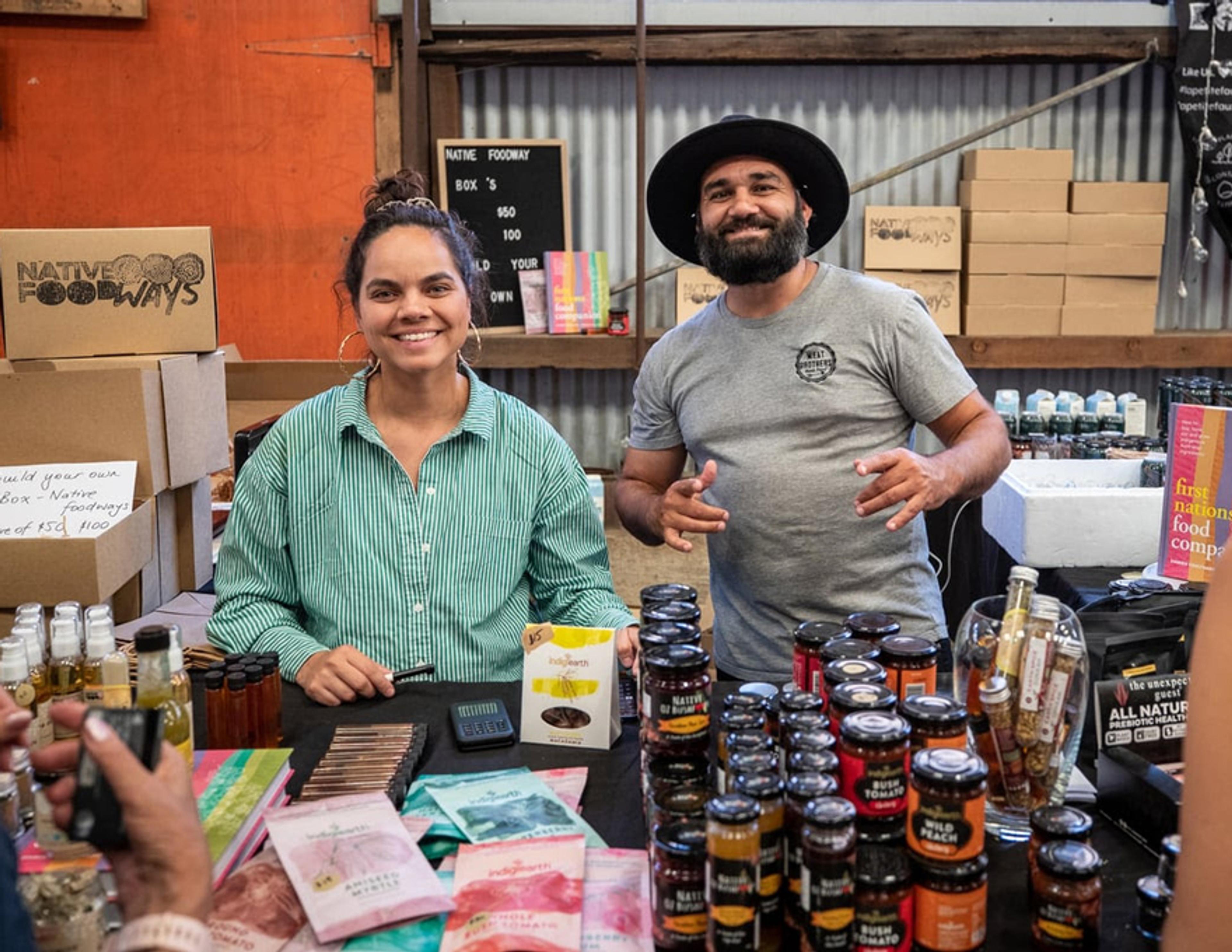 Gamilaraay Man and Director of Native Foods at Native Foodways - Corey Grech with Monica Mckenzie at the Carriageworks Farmers Makets.