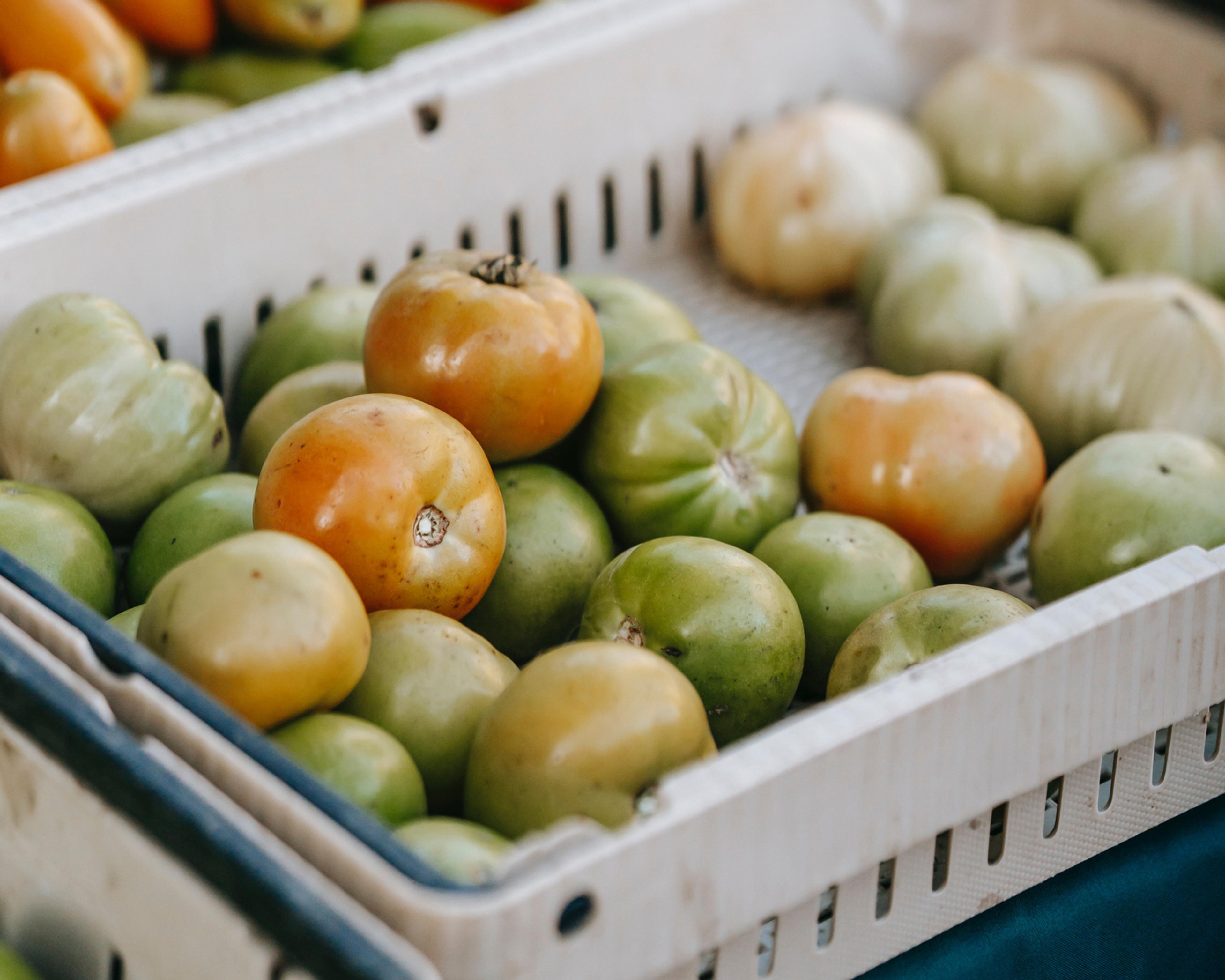 A white box of green and red tomatoes.