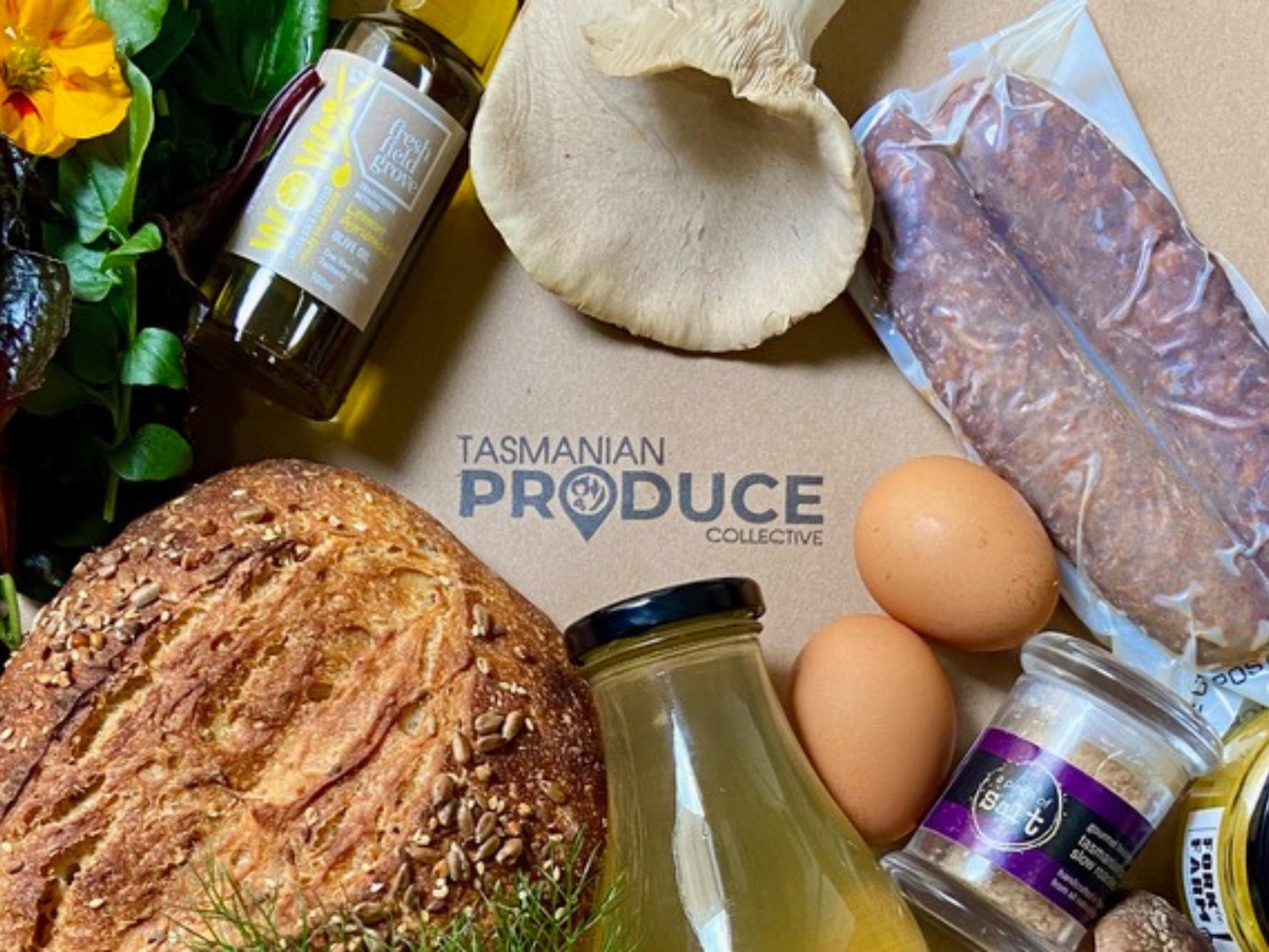 A range of local produce including eggs, bread and meat around the Tasmanian Produce Collective logo.