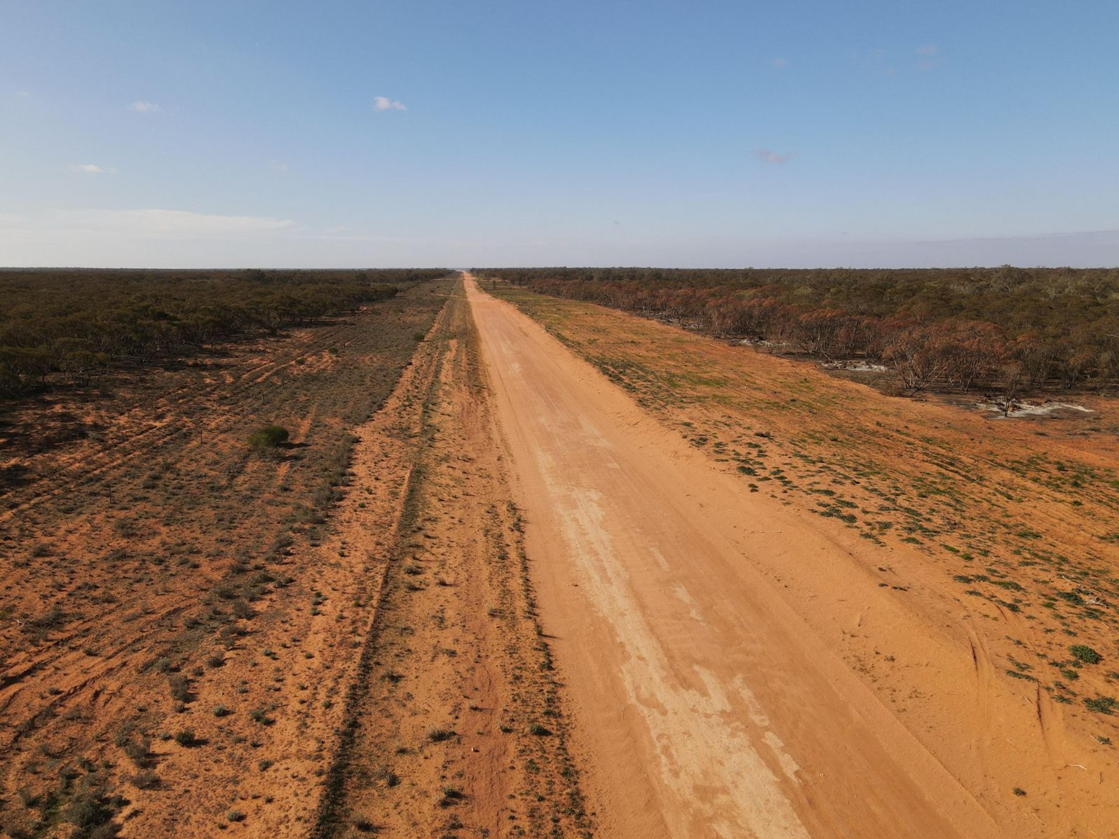 A long straight dusty road in the outback stretching out to the horizon.