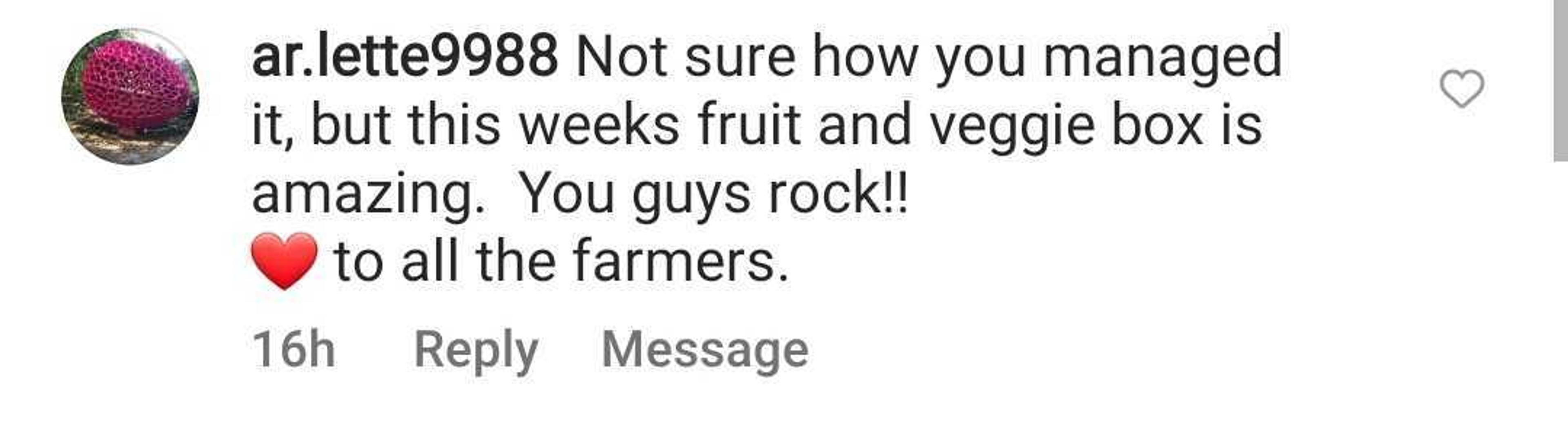 A comment on social media from ar.letter9988 that reads: Not sure how you managed it, but this weeks fruit and veggie box is amazing. You guys rock!! Love to all the farmers.