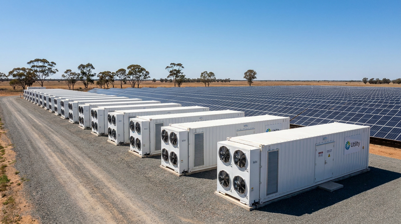 Grid-scale battery energy storage system beside solar array