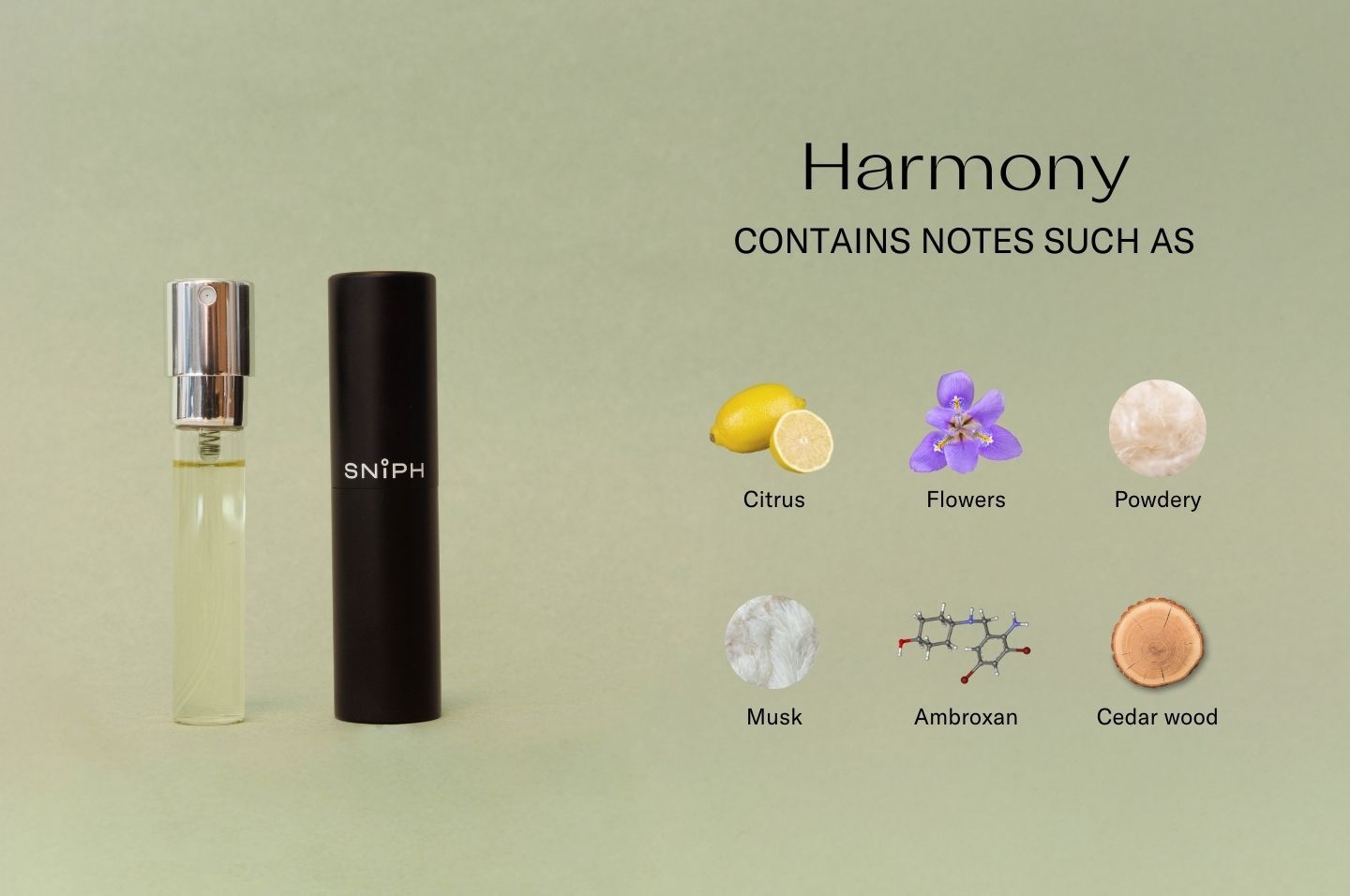En liten parfymflaska och ett etui på grön bakgrund med texten "harmony" och associerade noter.