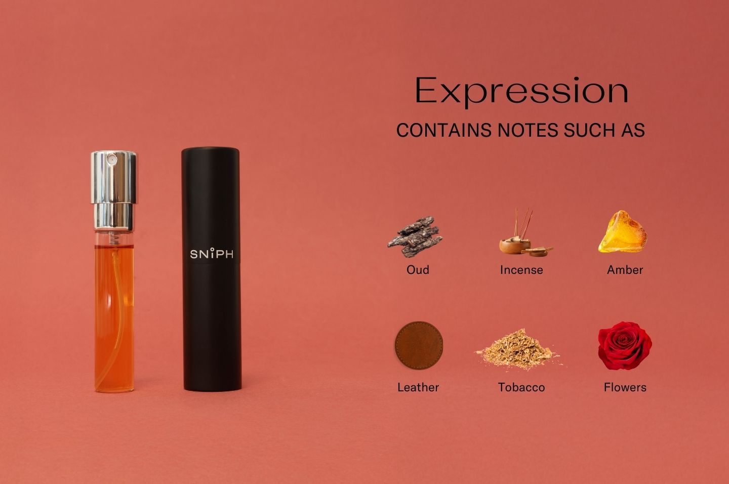 En liten parfymflaska och ett etui på orange bakgrund med texten "expression" och associerade noter.
