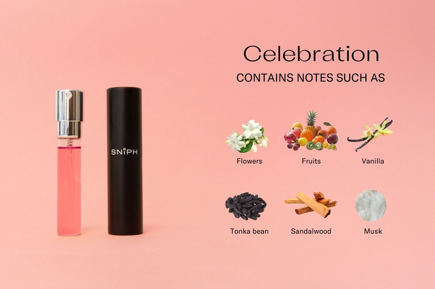 En liten parfymflaska och ett etui på rosa bakgrund med texten "celebration" och associerade noter.