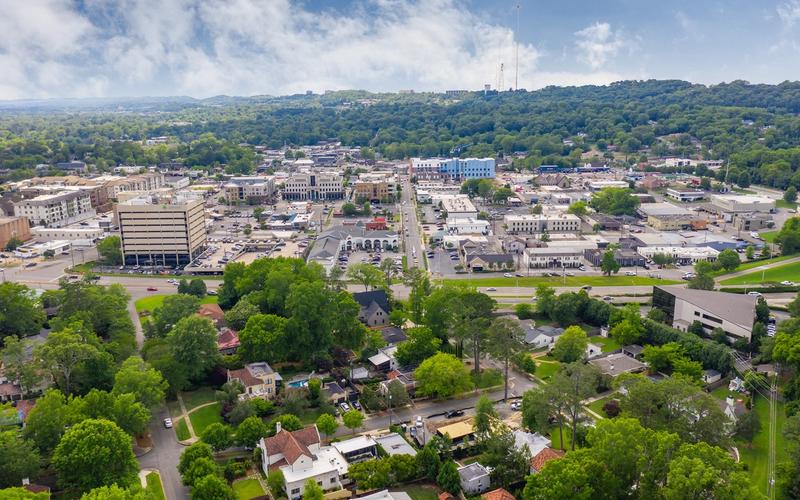 Aerial view of downtown Homewood, Alabama, with leafy residential neighborhoods in the foreground and Red Mountain in the distance — one of the most active suburban markets in the Birmingham metro area.