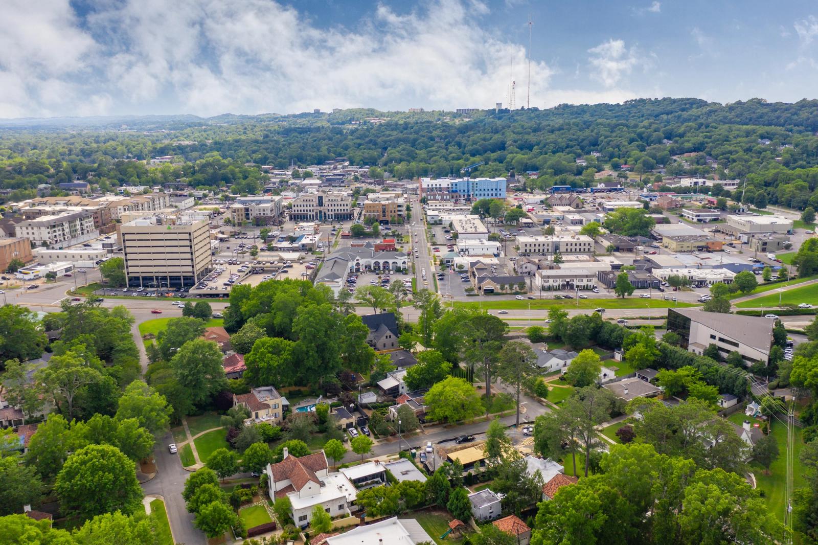 Aerial view of downtown Homewood, Alabama, with leafy residential neighborhoods in the foreground and Red Mountain in the distance — one of the most active suburban markets in the Birmingham metro area.