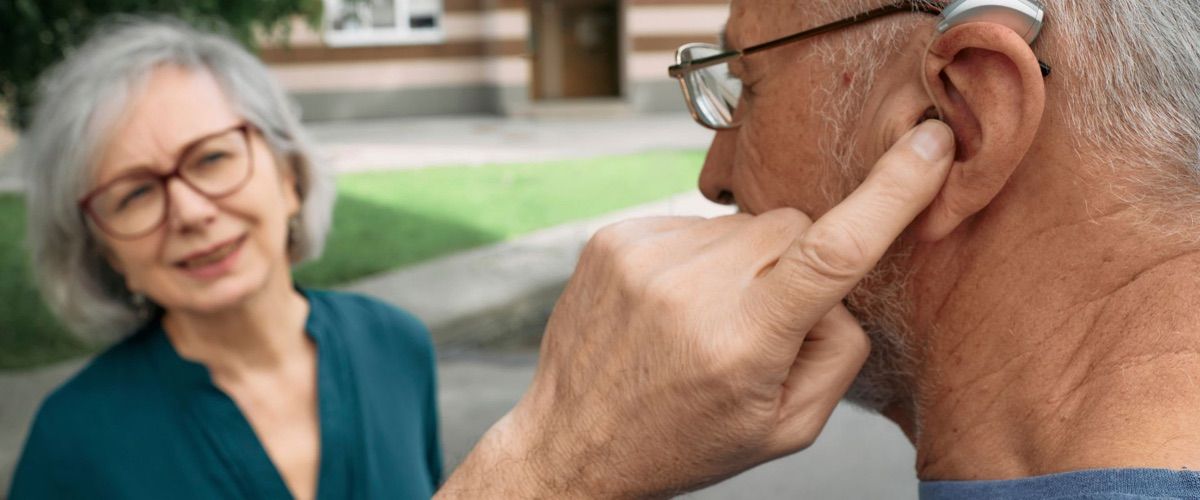 Two seniors communicating with hearing aid