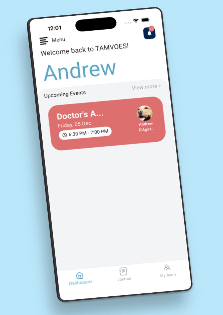 The TAMVOES app: dashboard showing upcoming appointments