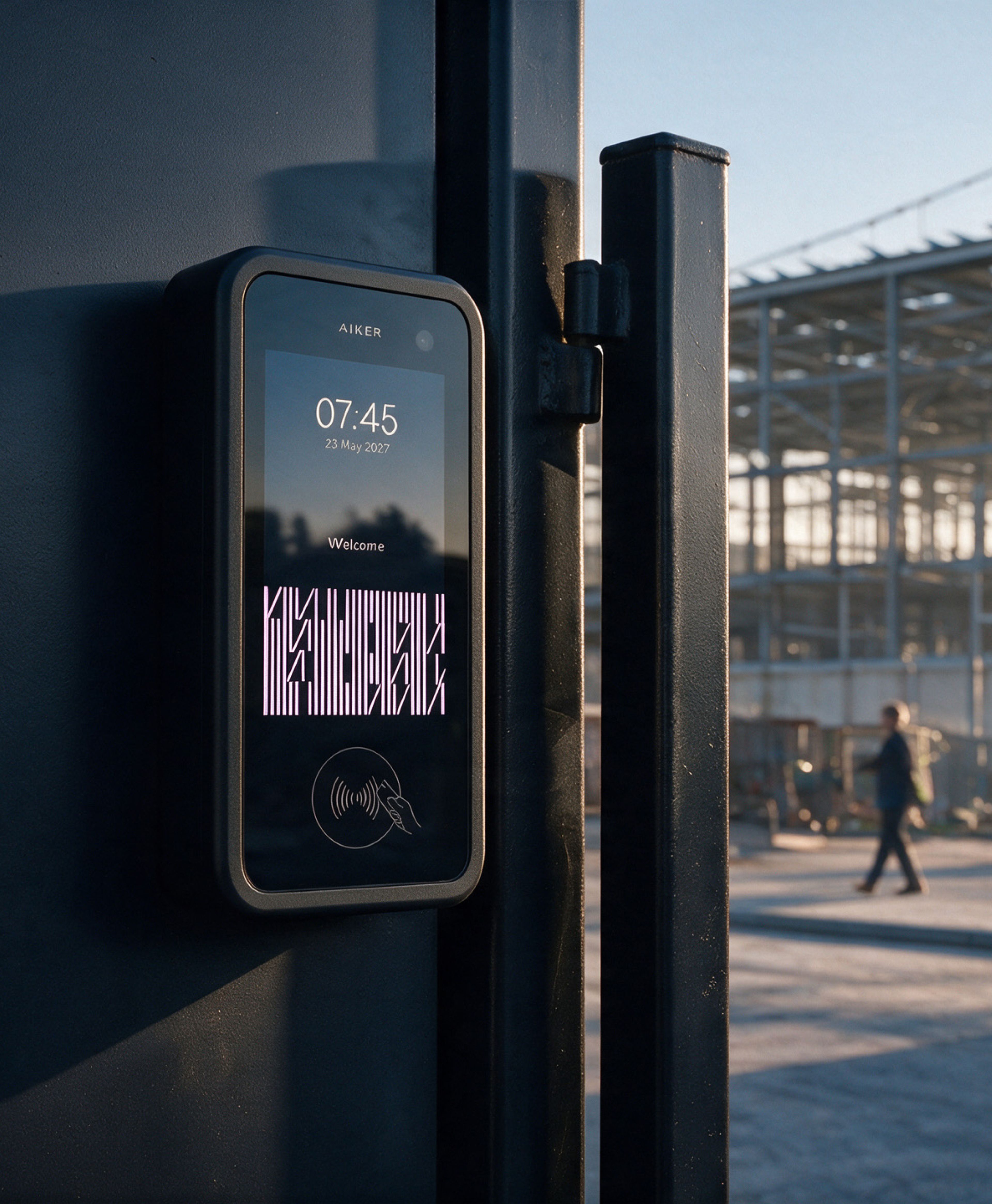 Aikers accessterminal monterad vid en grind, med en byggarbetsplats i bakgrunden.