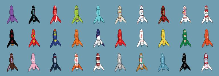 An array of Tom Sachs Rocket on blue background