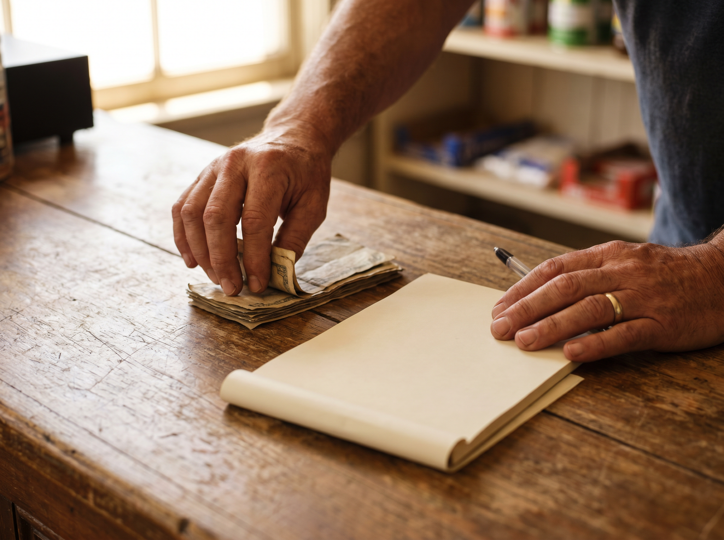 Manos contando efectivo junto a un formulario en blanco para un envío de dinero