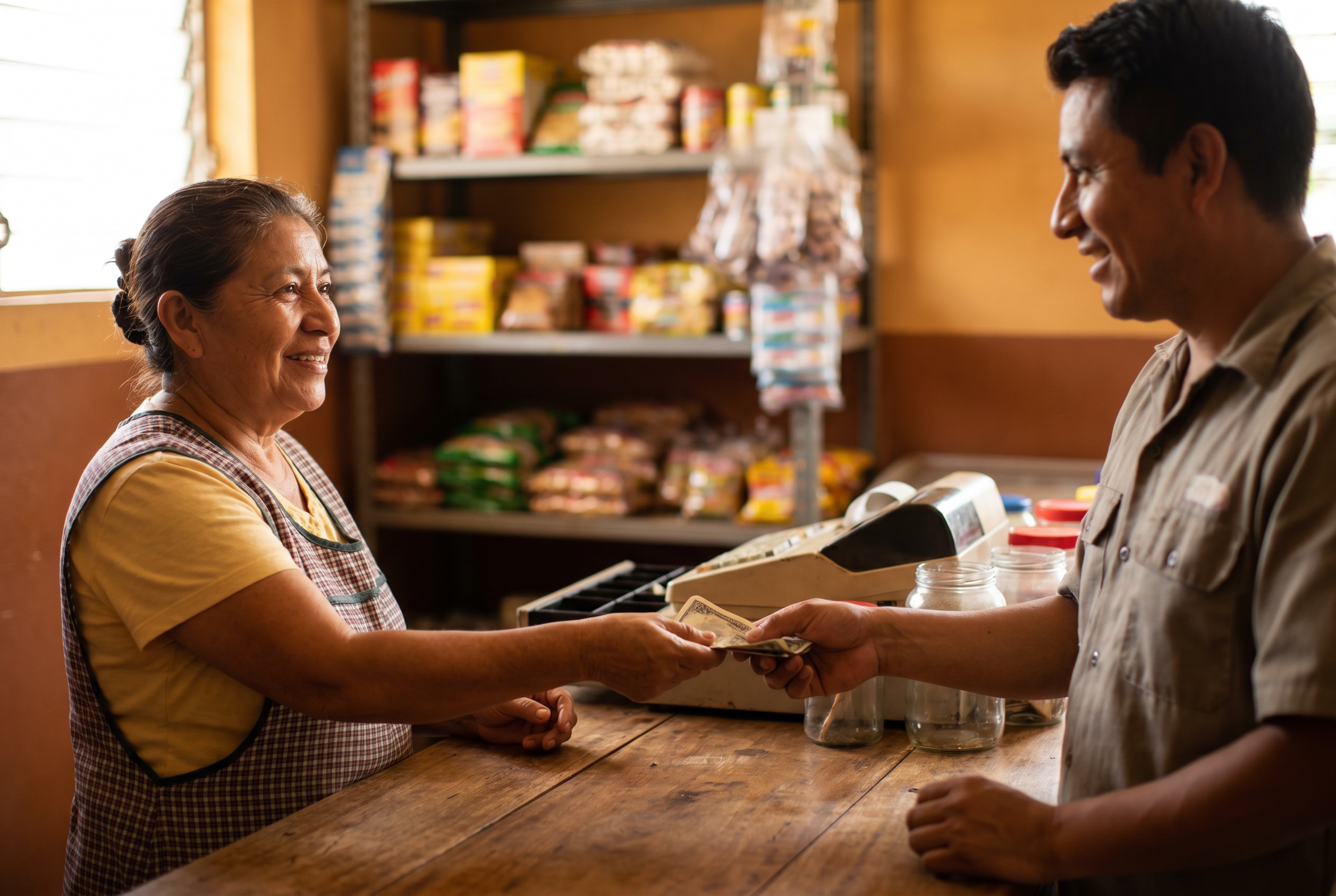 Empleada de Tortillería Centroamericana ayudando a un cliente con un envío de dinero en el mostrador de la tienda