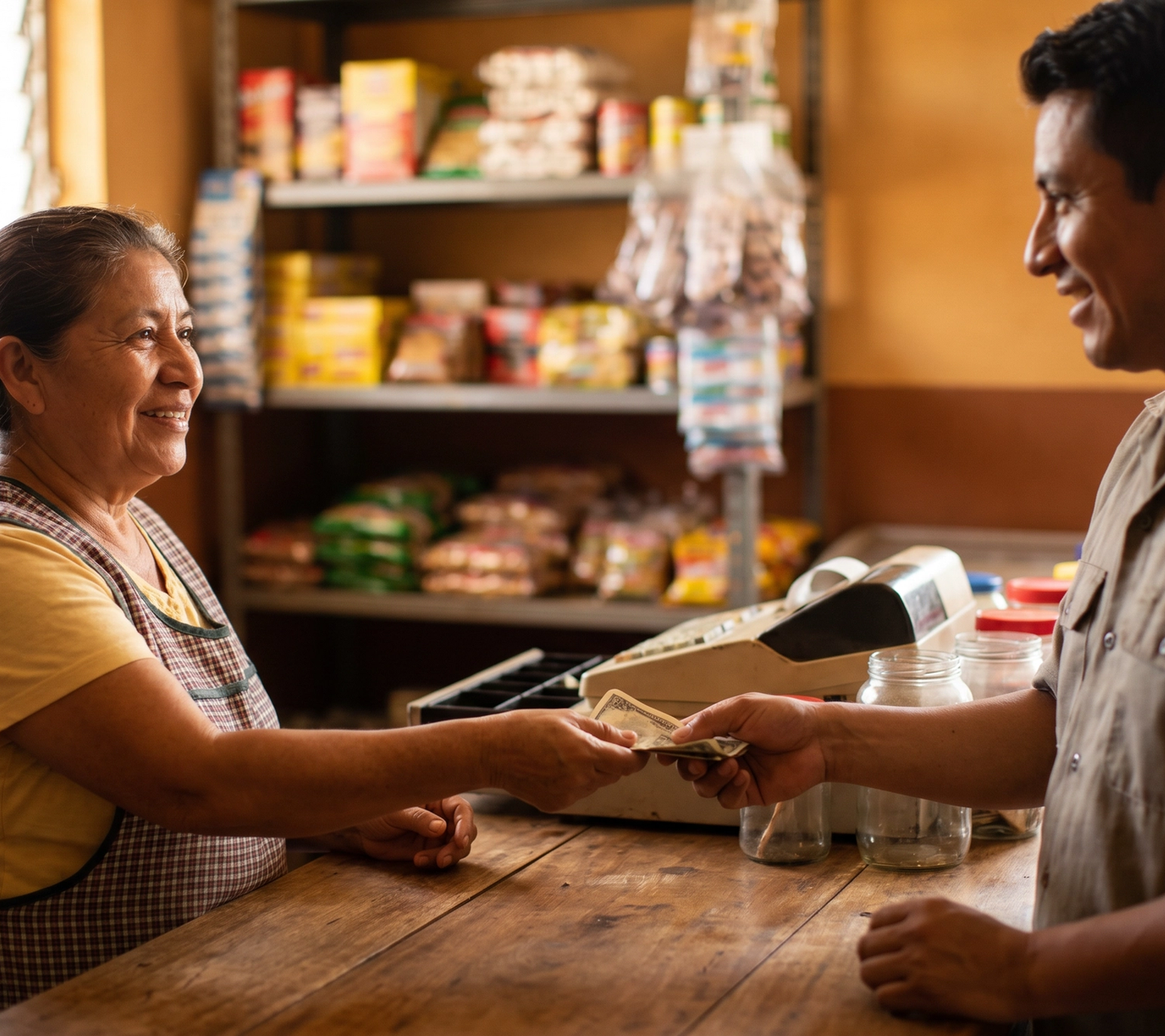 Empleada de Tortillería Centroamericana ayudando a un cliente con un envío de dinero en el mostrador de la tienda