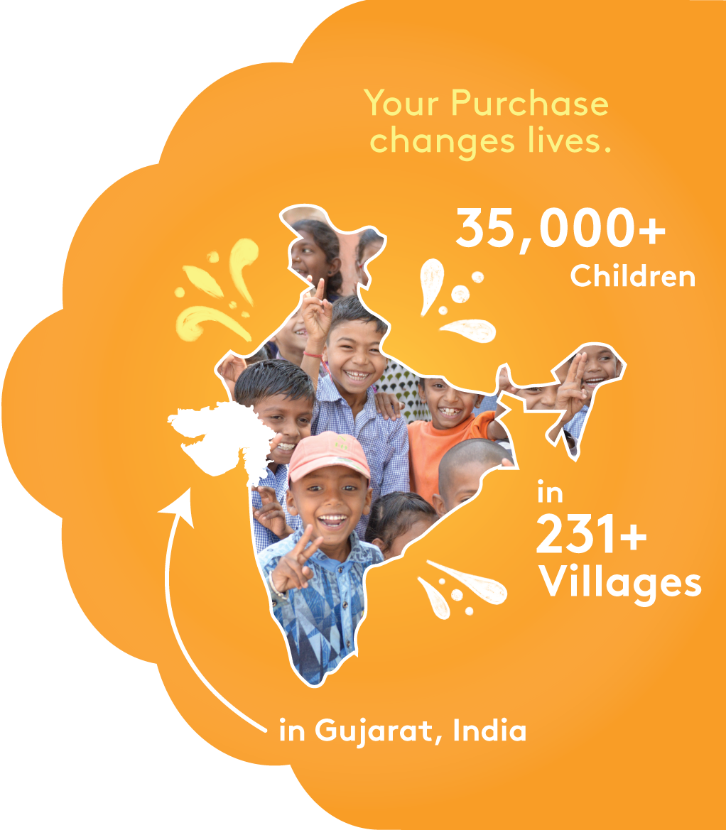Happy children in India. Stats that say over 35,000 children in over 231 villages.