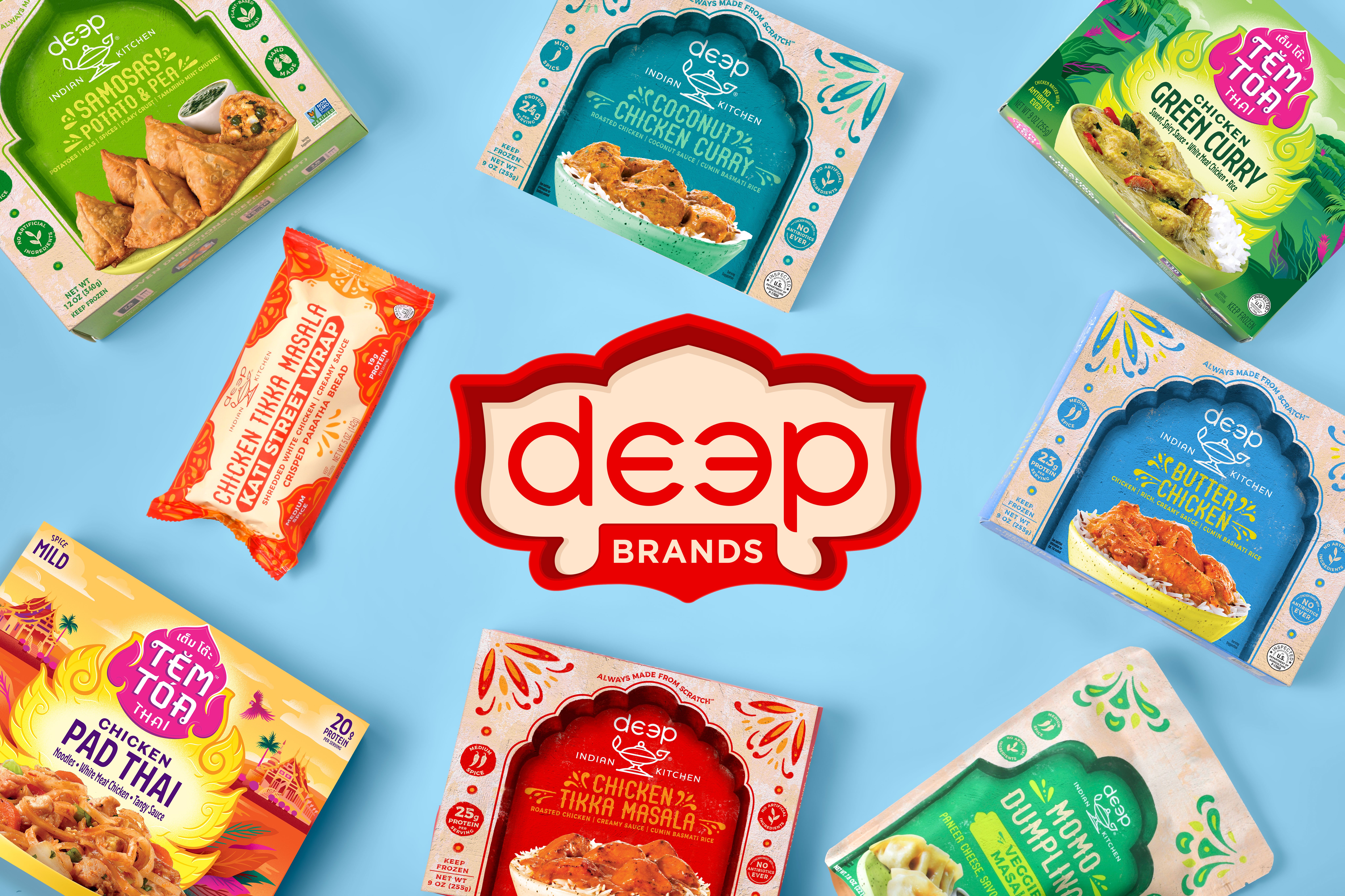 Deep brands logo surrounded by Deep Indian Kitchen and Tem Toa brand food products