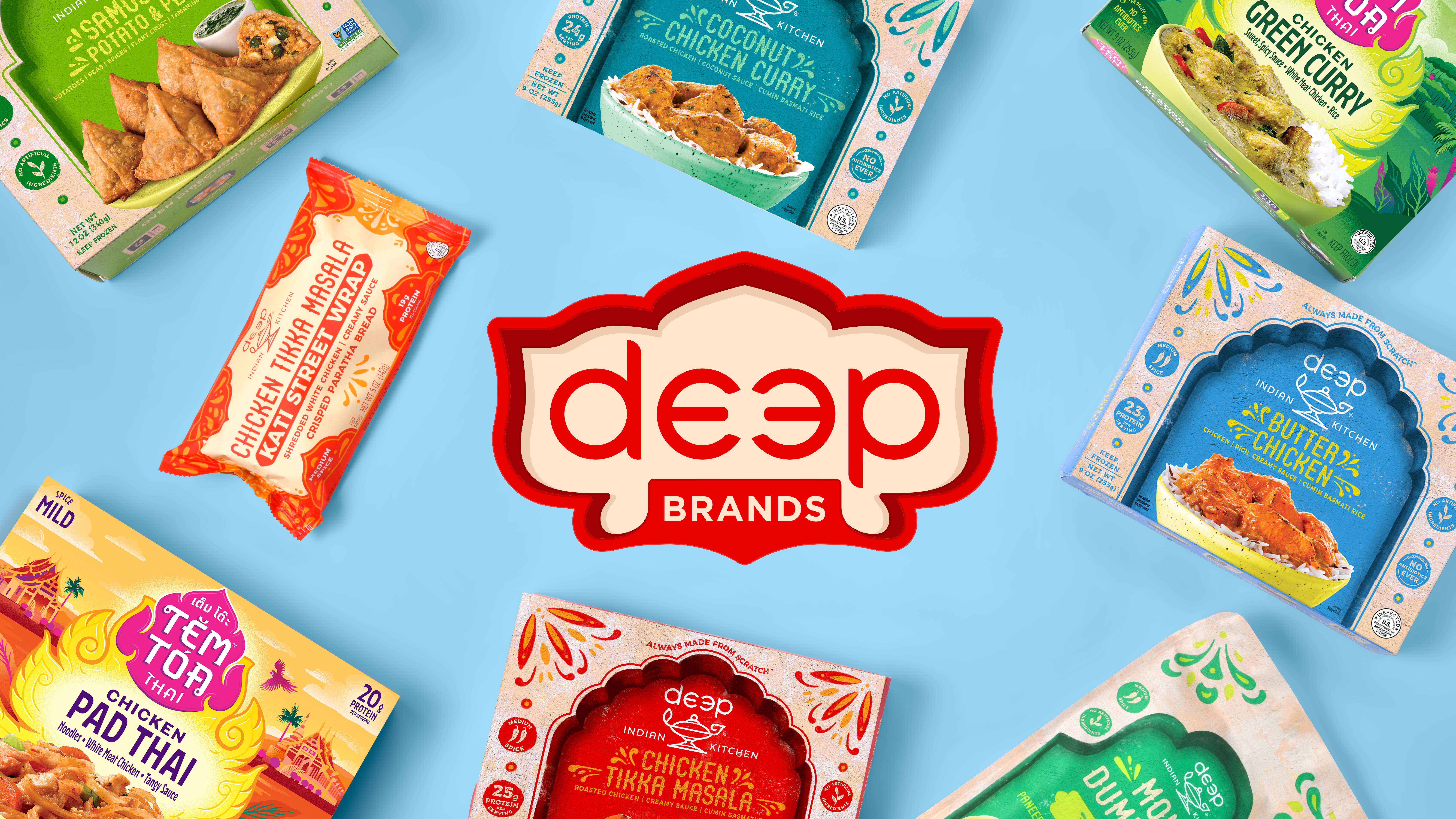 Deep brands logo surrounded by Deep Indian Kitchen and Tem Toa brand food products