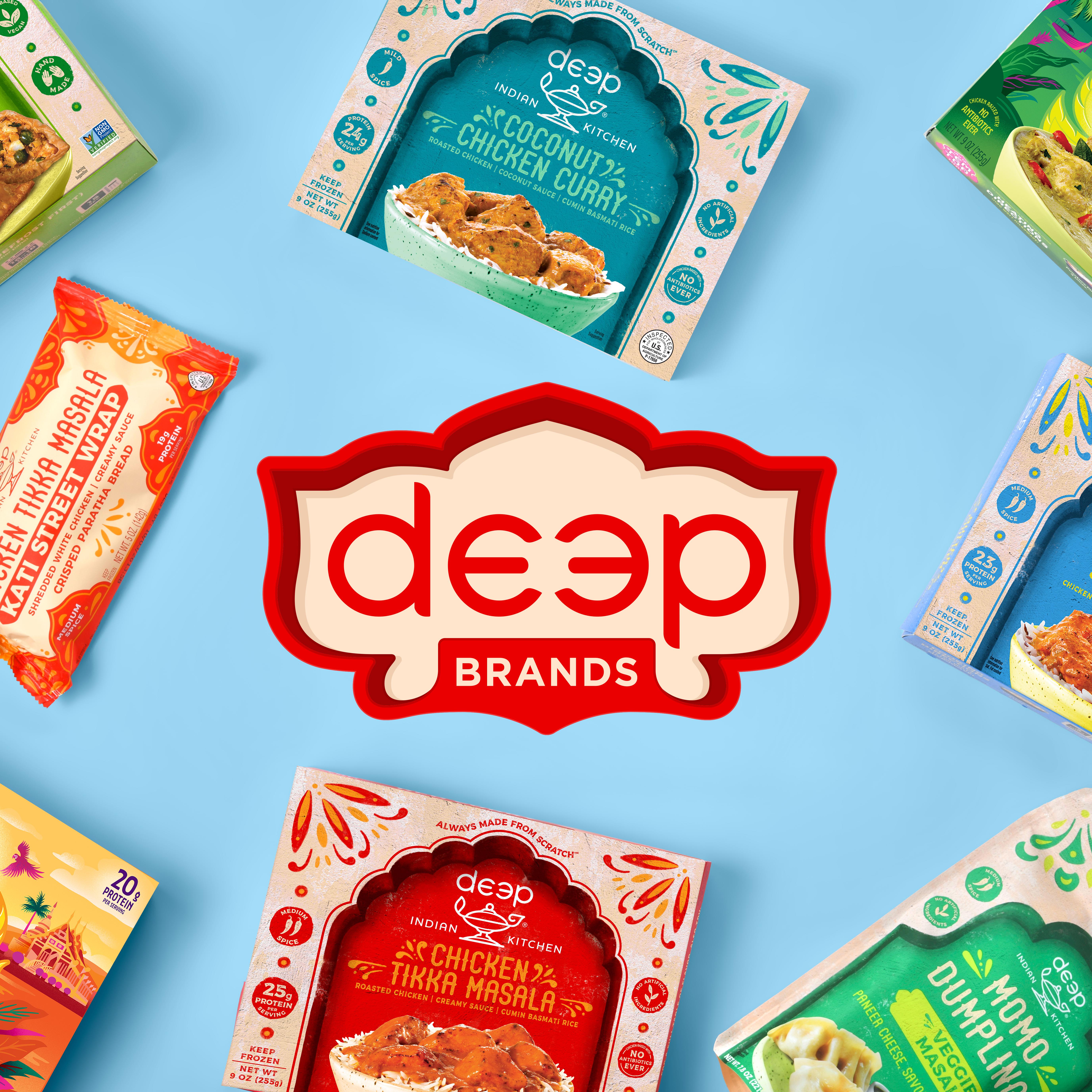 Deep brands logo surrounded by Deep Indian Kitchen and Tem Toa brand food products