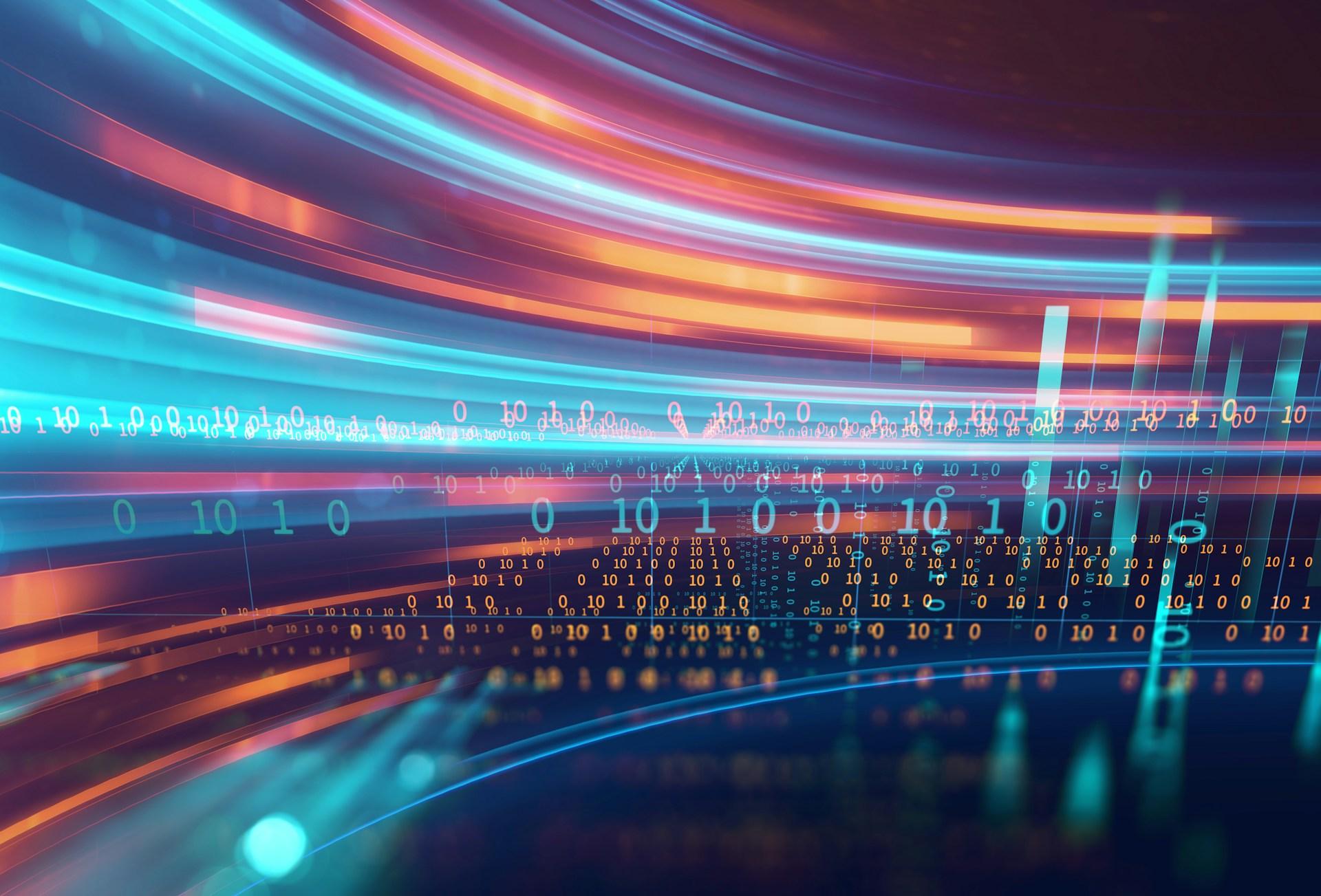 Futuristic digital background with glowing blue and red light beams, circuit-like lines, and a wireframe globe, symbolizing AI, data, and technology.