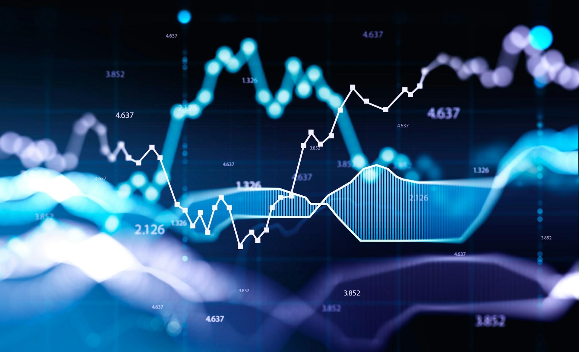 Abstract financial data visualization with glowing blue and white line graphs, numeric values, and blurred data points, symbolizing analytics and forecasting.