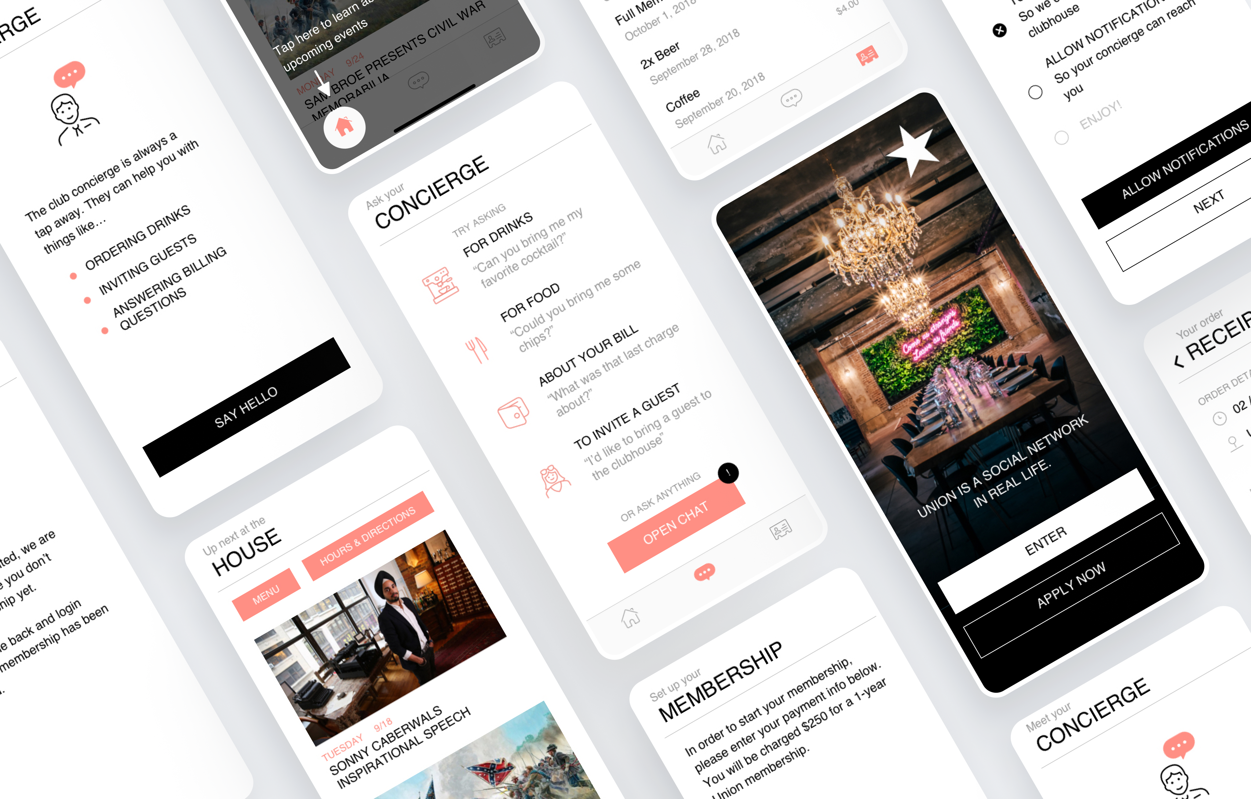 Screenshots of a mobile app interface showing concierge services, membership setup, event listings, and social club features.