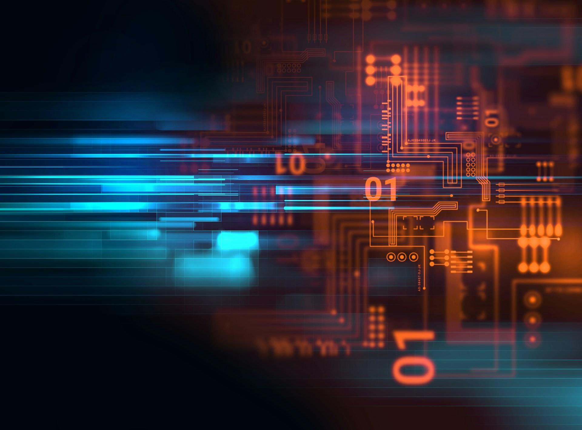 Abstract digital background with glowing orange circuit patterns and fast blue light streaks, symbolizing technology, data flow, and innovation.