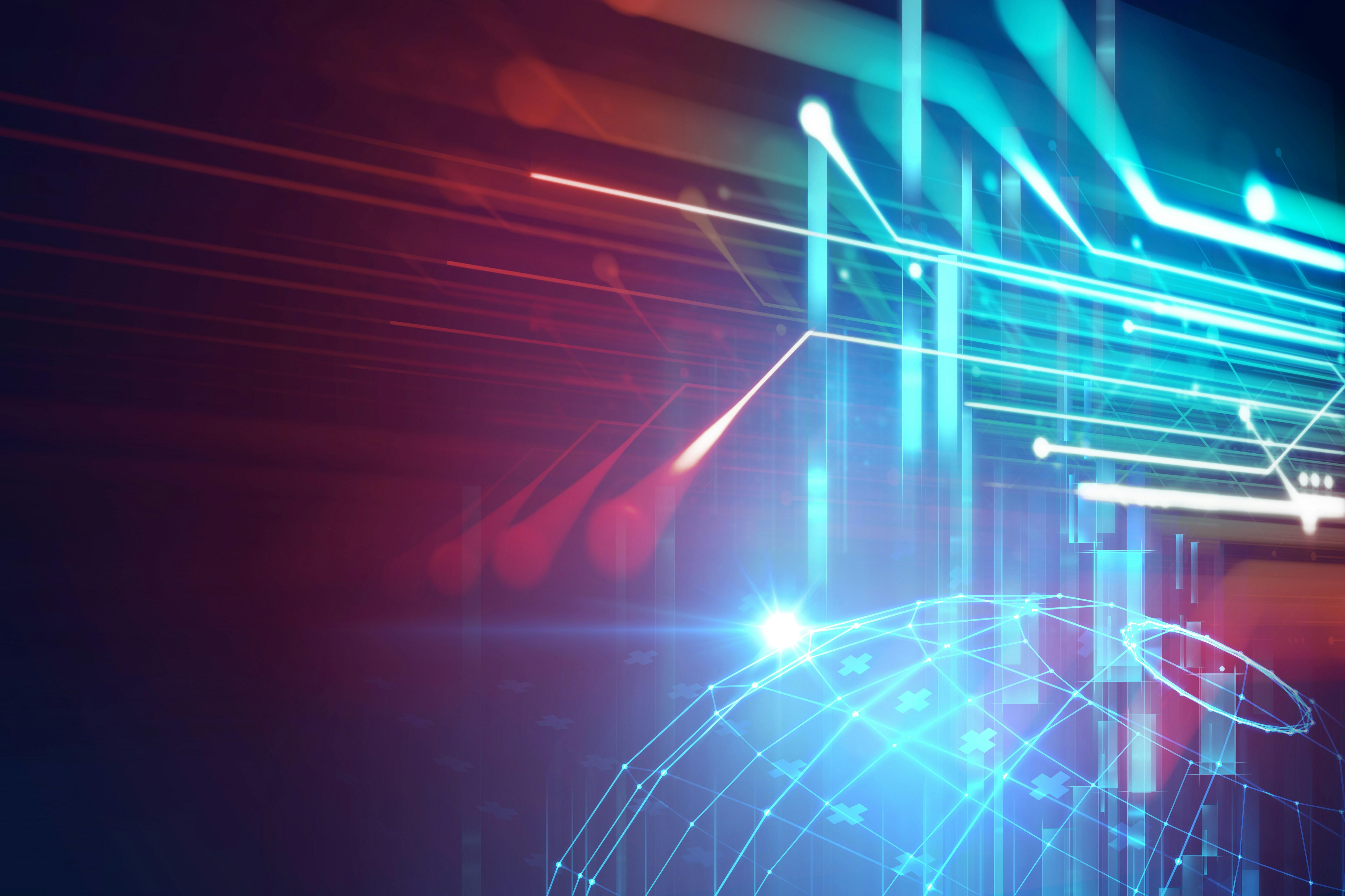 Abstract digital artwork of AI data flow with glowing blue and red light trails over a network globe pattern.
