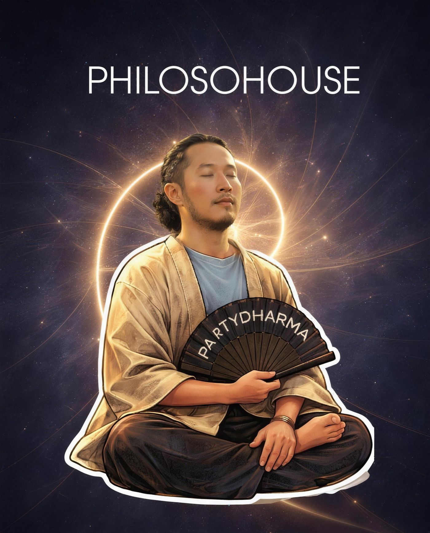 Leven Chen seated in meditation against a cosmic Philosohouse background