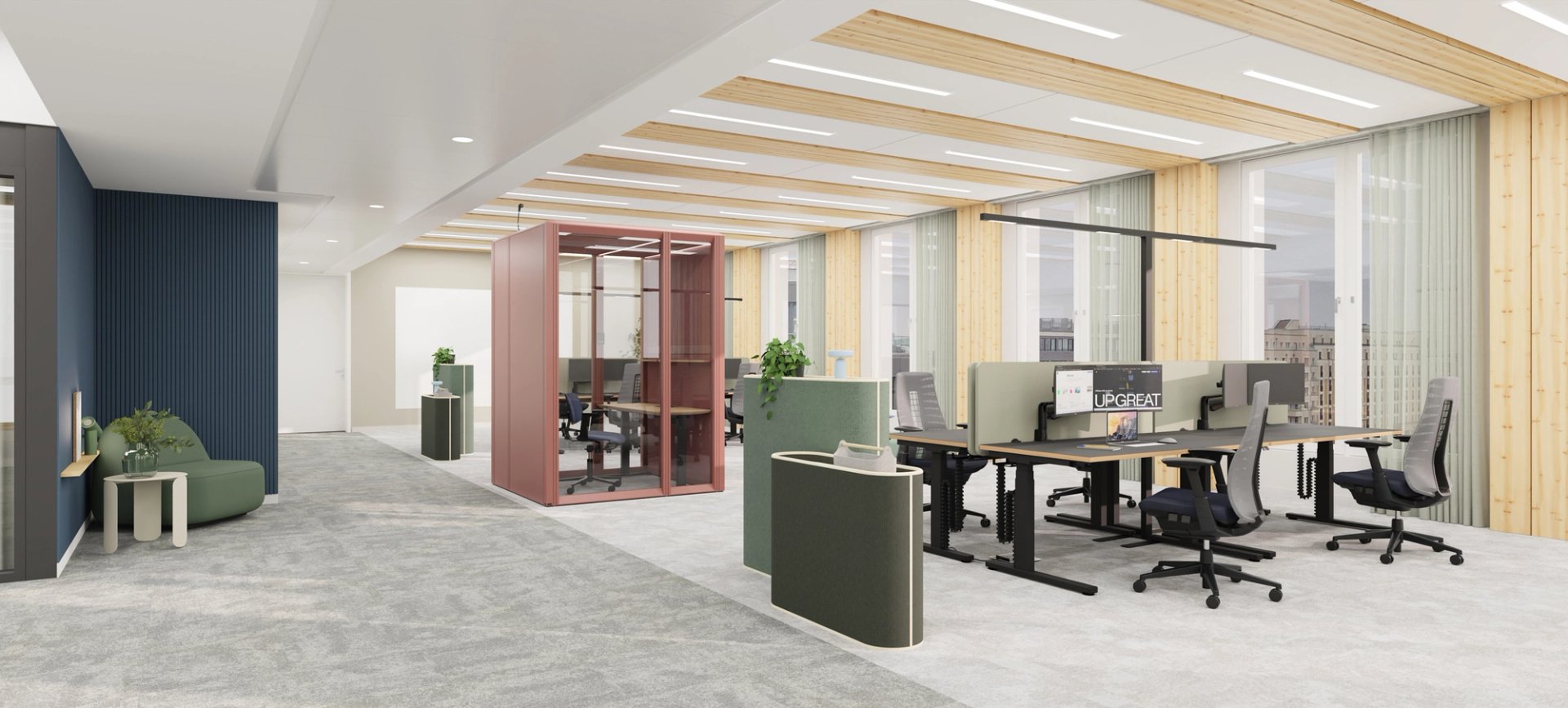 Rendering eines Arbeitsplatzes mit hochwertigen Büromöbellösungen