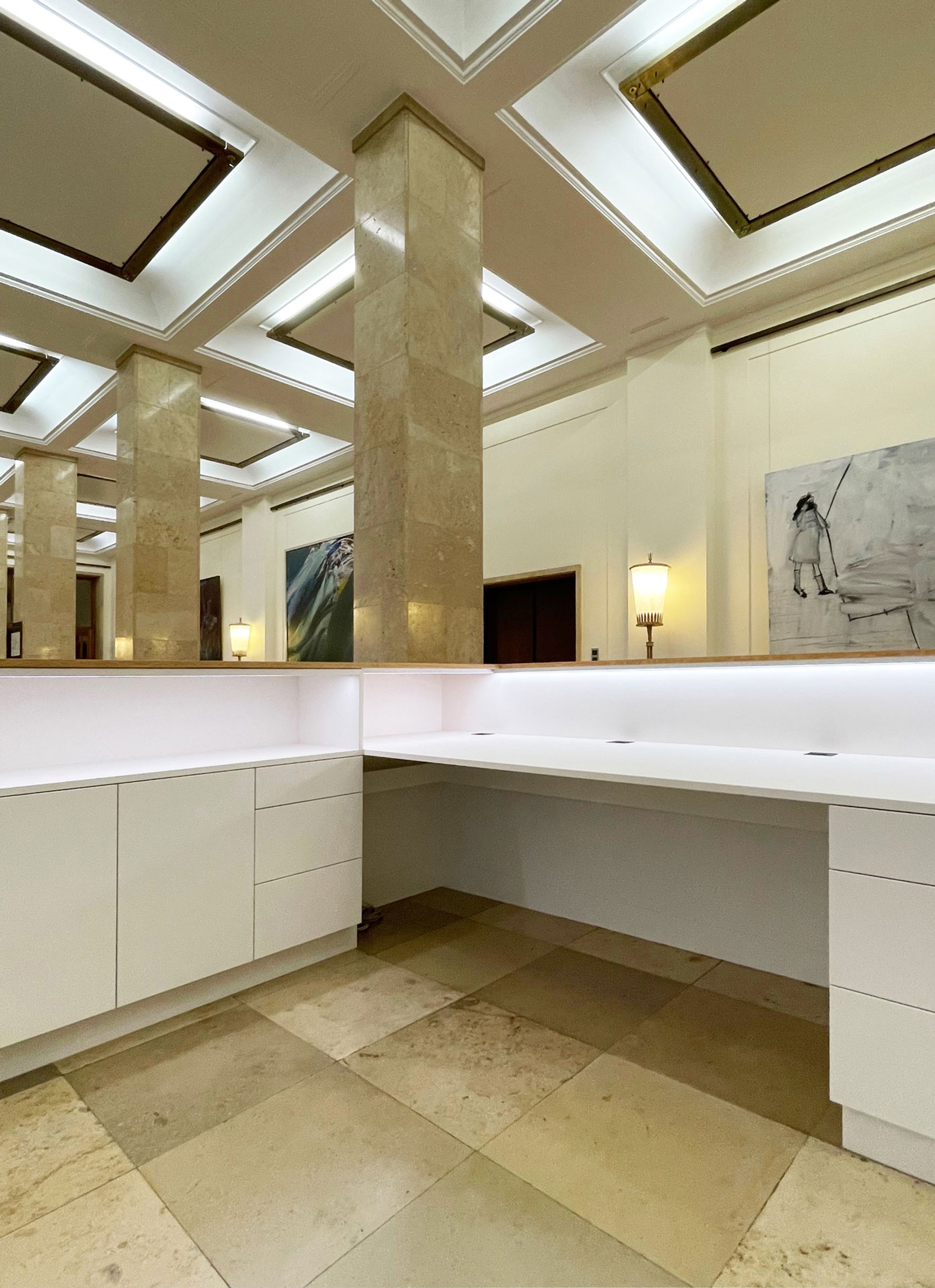 White counter with ceiling lighting