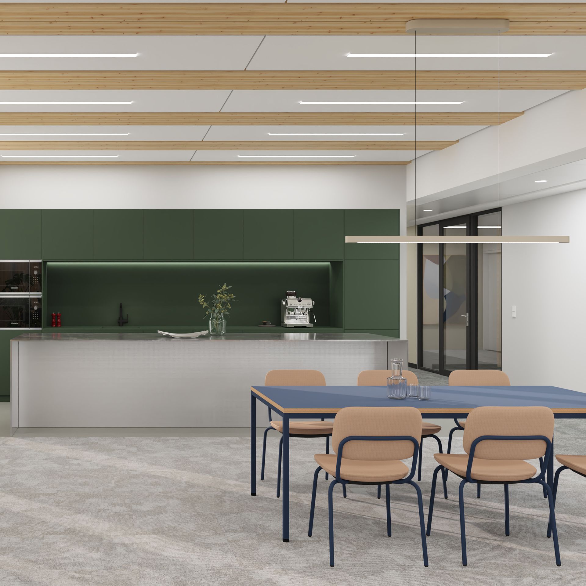 Cafeteriabereich mit Küche und funktionalen Büromöbeln