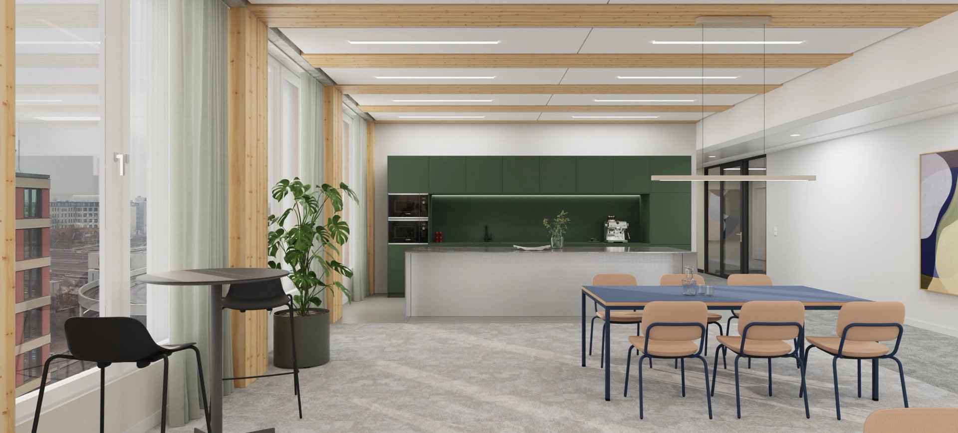 Rendering einer modernen ausgestatteten Cafeteria in einem Bürogeböude
