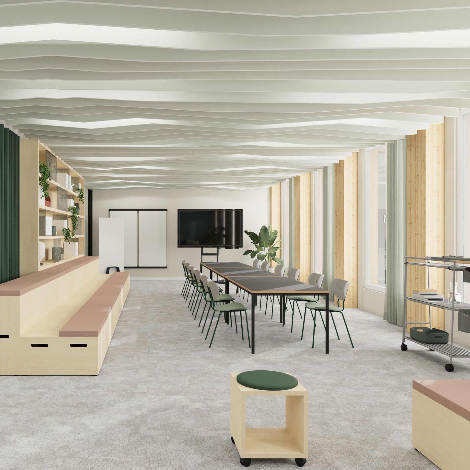 Workshop area with colorful furnitures