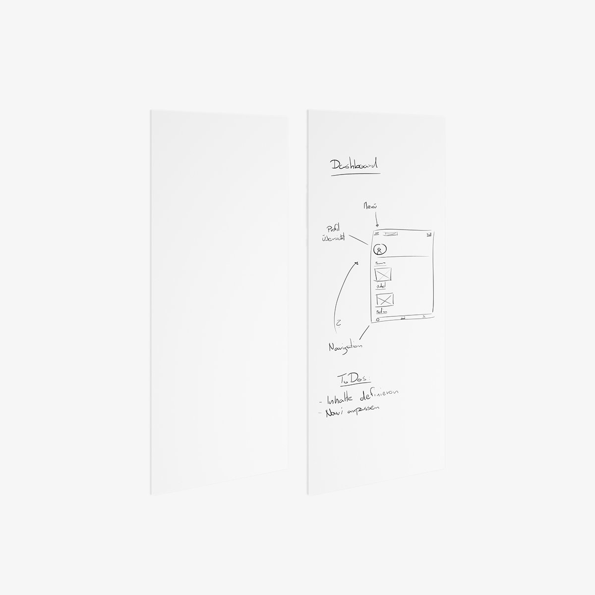 Das Whiteboard BO100 von brunner mit Skizzen und Notizen