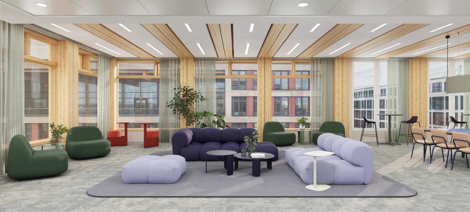 Office social area with couches, armchairs and carpets