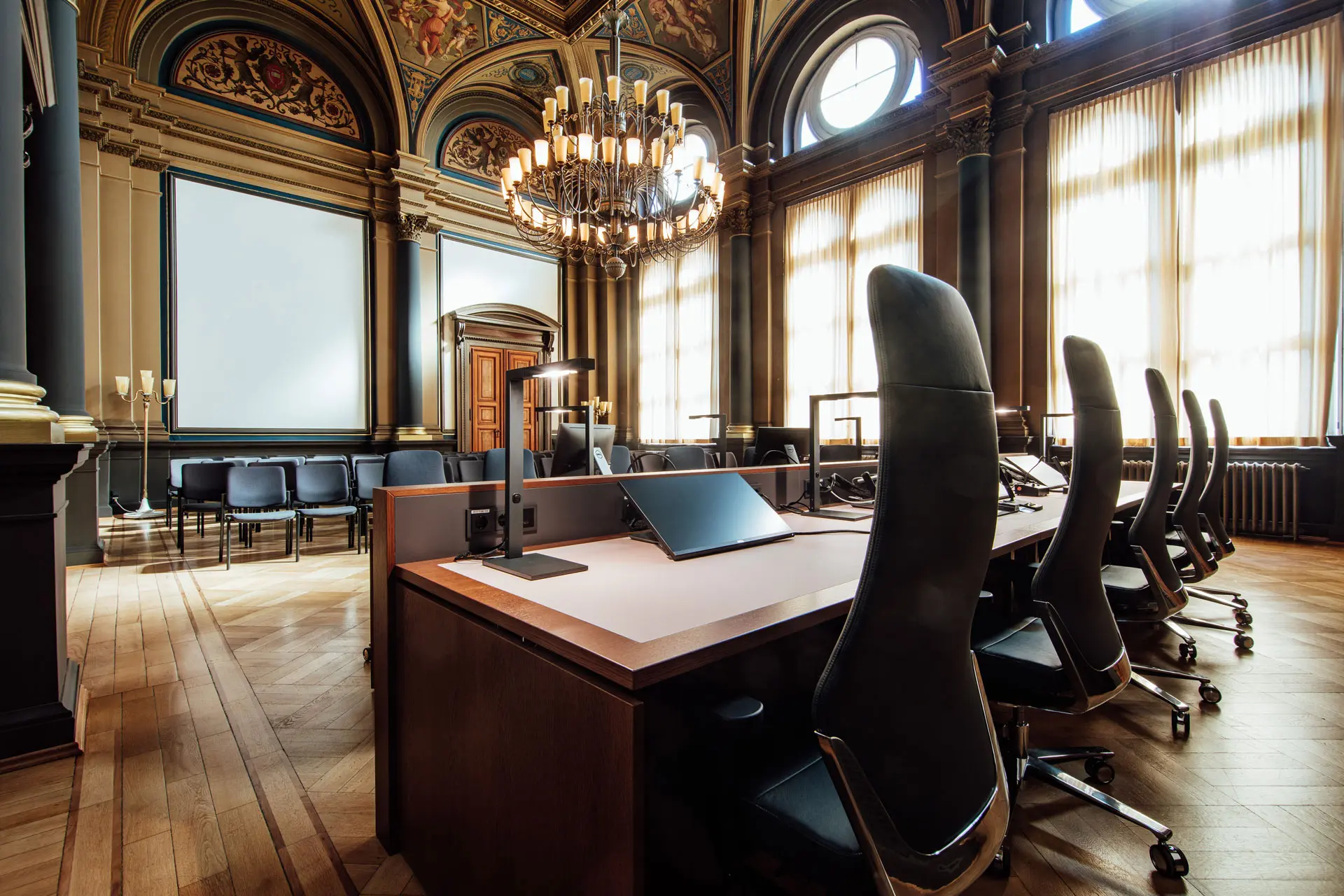 Photo of an office with luxury wooden furniture and chairs