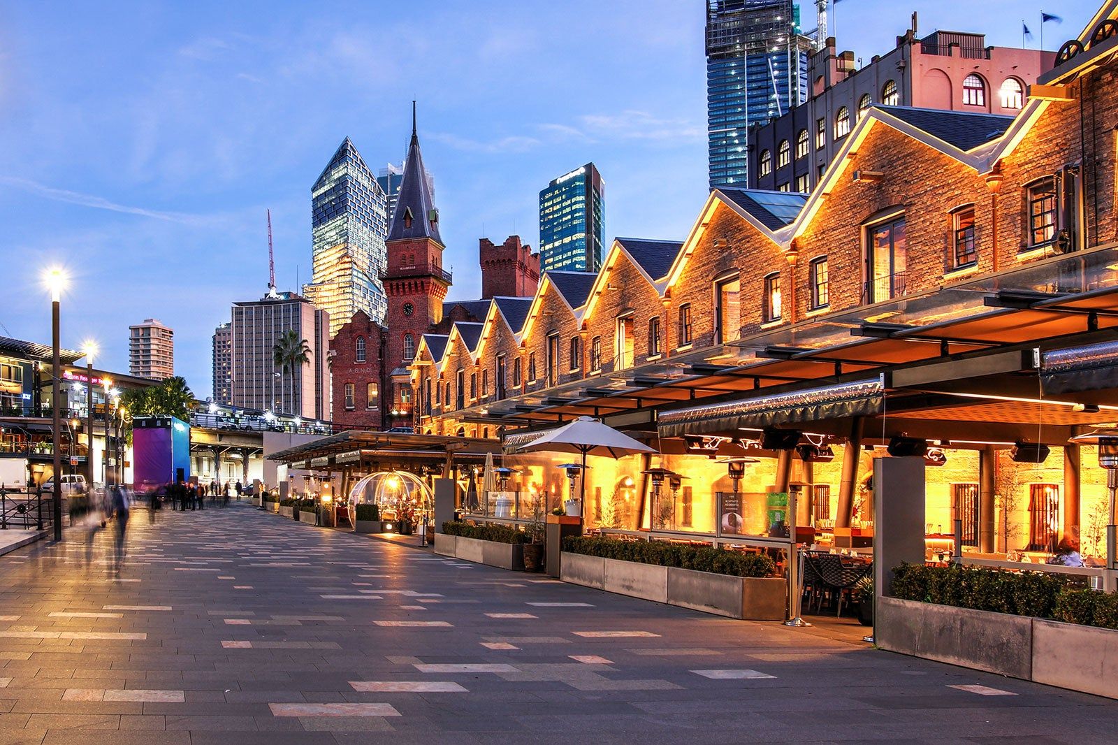 Well lit shopping street. 