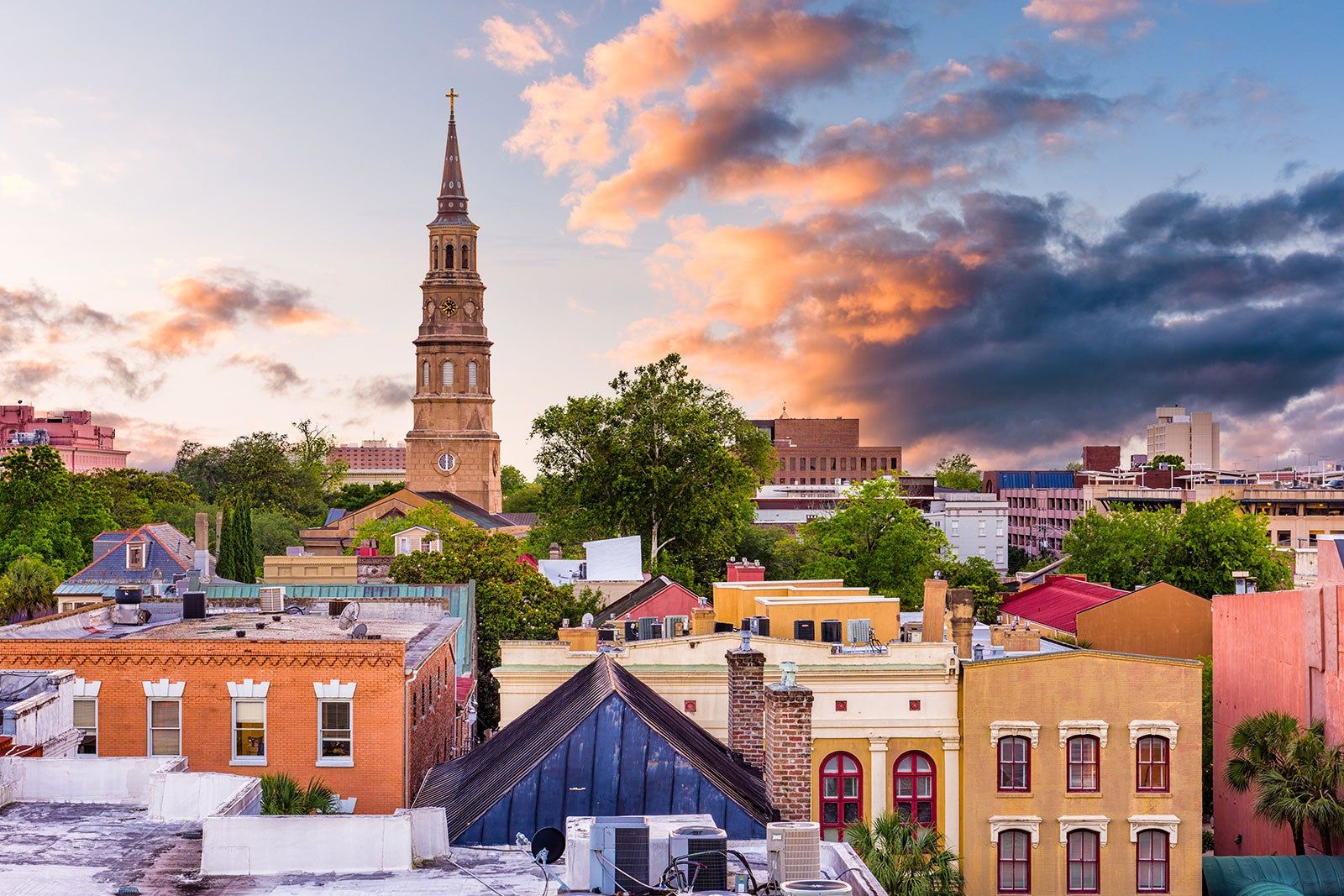 A colorful view of rooftops in Charleston SC.