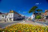 A street and main town area with flowers in the foreground.